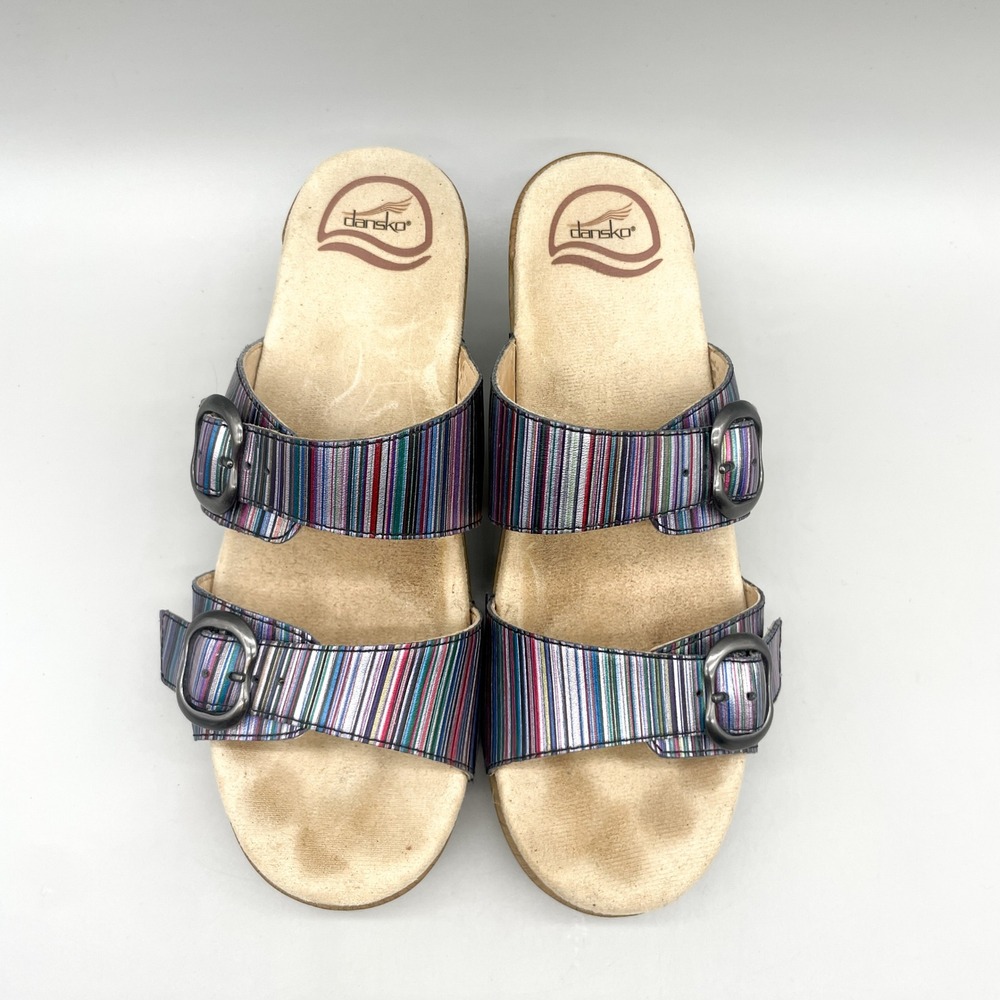 Dansko Womens 38 Sophie Sandals Metallic Striped Double Buckle Slide Wedge Boho